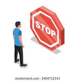 Stop sign on the path of a human. An obstacle in a person's path. Vector illustration isometric design. Isolated on white background.