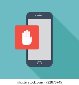 Stop sign on smart phone screen. Stay away from phone. Flat design with shadow.