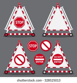 Stop sign on white triangle board with fluorescent light and red siren light on top