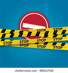 Stop sign over warning stripes background