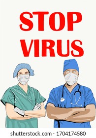 Stop sign. Pandemic medical concept with dangerous cells. Human in respirator and protective clothing. Doctors are protecting our world. World Health organisation.