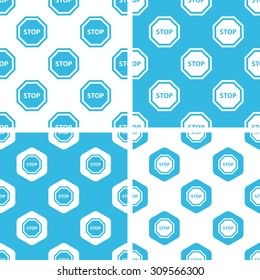 STOP sign patterns set, simple and hexagon, blue and white