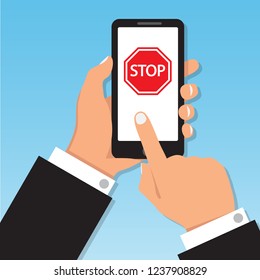 Stop sign printed letter on smartphone screen. Hand holding phone with do not enter icon. Finger touch screen. Flat cartoon illustration for advertisement, web sites, banners, infographics design.