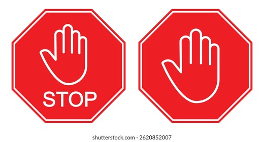 Stop sign. Red forbidding sign with human hand in octagon shape. stop hand icon.