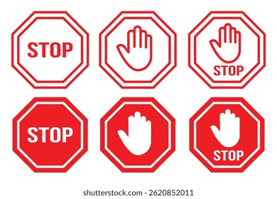 Stop sign. Red forbidding sign with human hand in octagon shape. stop hand icon.