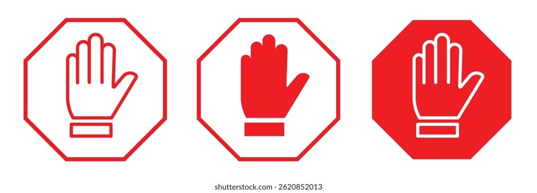 Stop sign. Red forbidding sign with human hand in octagon shape. stop hand icon.