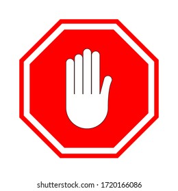 Deja de firmar. Signo prohibitivo rojo con mano humana en forma de octógono. Detén el gesto con tu mano, no entras, es peligroso. No hay entrada. Ilustración del vector