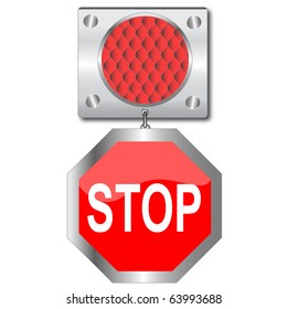 Stop sign, with red traffic lights