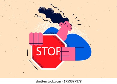 Stop sign, refusal, warning concept. Young frustrated woman cartoon character standing holding red traditional stop sign in hands vector illustration 