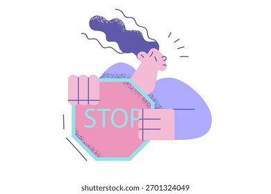 Stop sign, refusal, warning concept. Young frustrated woman cartoon character standing holding red traditional stop sign in hands vector illustration