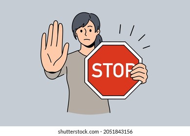 Stop sign and rejection concept. Young serious woman cartoon character standing with red sign stop in hands and showing her palm with refusing emotion vector illustration