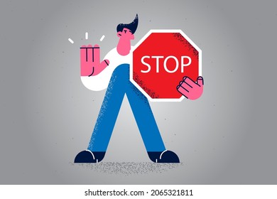 Stop sign and rejection concept. Young serious man cartoon character standing holding red stop sign in hands meaning denying and protection vector illustration 