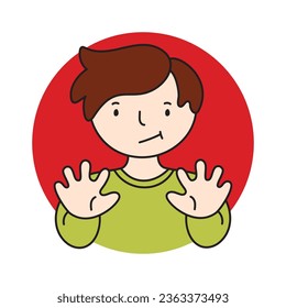 Dejar de firmar y rechazar el concepto. Personaje de caricatura de un joven serio parado en rojo y mostrando su palma con un muchacho que rechaza la emoción