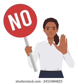 Stop sign and rejection concept. Young serious woman cartoon character standing with red sign stop in hands and showing her palm with refusing emotion. Flat vector illustration