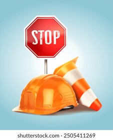 Stop sign and repair work. Vector illustration.