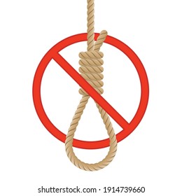 Stop sign and Rope noose with knot. No suicide loop icon. Stop suicide loop symbol isolated on a white background. Vector illustration EPS 10.