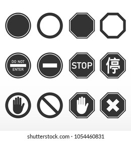 Stop sign set. Black traffic sign for safe traffic. Vector illustration.
