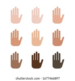 Stop sign set different skin color hand symbol.