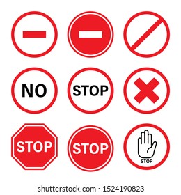 Stop sign set. Prohibited, forbidden, no, symbols. Vector illustration outline flat design style.