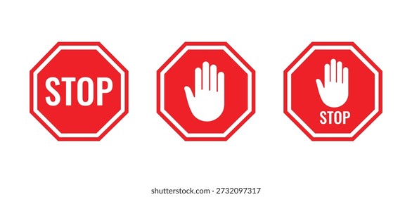 STOP sign set. Red stop road sign. Red stop hand block octagon sign. Vector Illustration.