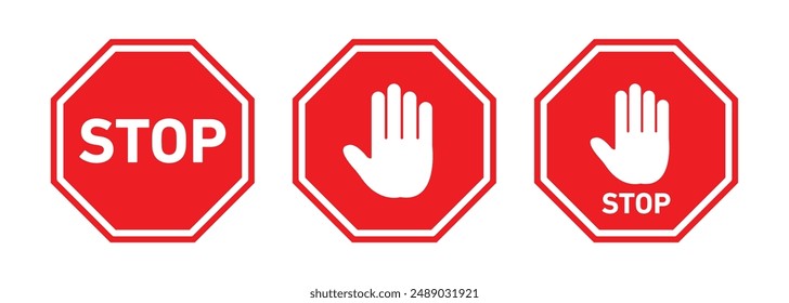 STOP sign set. Red stop roadsign. 