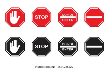 Stop sign set. Traffic stop icons. Do not enter. Warning and attention signs. Dangerous signs. Vector illustration.	