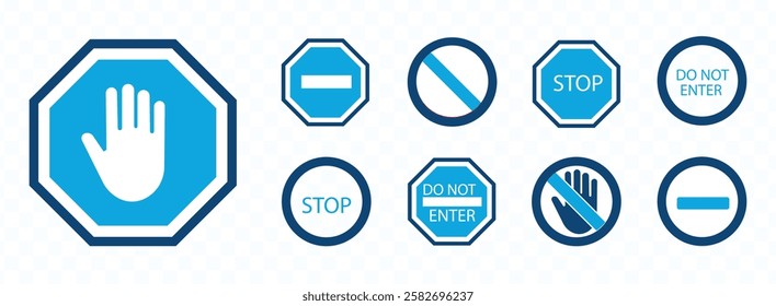 Stop sign set. Traffic stop icons. Prohibition sign collection. Do not enter. Warning and attention signs. Dangerous signs. Vector illustration.