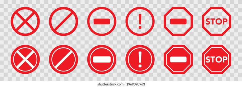 Stop sign set. Transparent forbidden symbol. Road sign in red circle and octagon shape. Danger warn in red. Stop sign