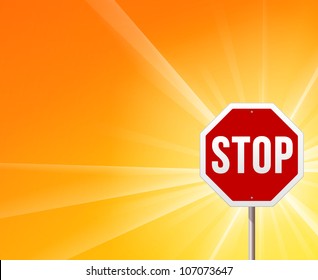 Stop Sign and Sunshine - Classic red STOP roadsign on yellow sunny background