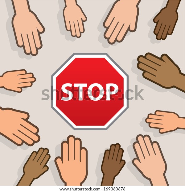 Stop sign with surrounding\
hands 