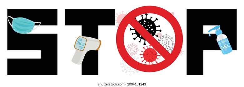 Stop Sign, Symbol with icons, Vector illustration. prevention coronavirus infection, white background, concept stop the spread of covid-19 virus cells.