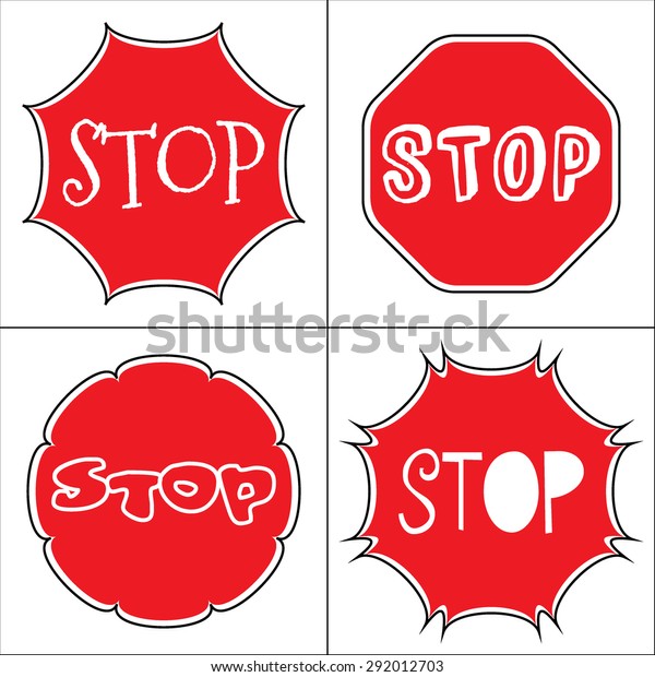 STOP sign! Traffic stop icons isolated on\
white background. Red octagonal stop signs for prohibited\
activities. Set a stop sign in the octagon of different shapes and\
fonts. Vector\
illustration