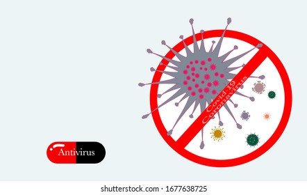 Stoppen Sie die Vektorillustration mit dem Symbol auf hellblauem Hintergrund, der Kapselpille mit Virenschutztext einzeln auf dem Hintergrund, dem Platz für Text und Design, dem Symbol für die Vektorillustration für Grafikdesign