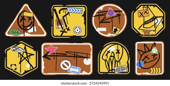Conjunto de diseño de Ilustración vectorial de letrero de parada. Paquete de diseño de etiqueta engomada de advertencia de stop sign. Paquete de diseño de ropa de calle de Vector Urbana. Garabatos