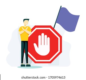 Stop sign vector illustration. Flat tiny prohibition no gesture person concept. Symbolic warning, danger or safety caution information. Forbidden entry or restricted area ban or blocked road alert.