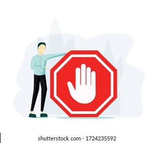 Stop sign vector illustration. Flat tiny prohibition no gesture person concept. Symbolic warning, danger or safety caution information. Forbidden entry or restricted area ban or blocked road alert.