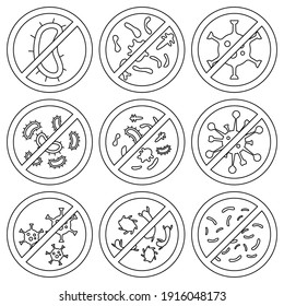 Stop sign of virus, germs and microbe. Antibacterial and antiviral defense, protection from infection. Set of antibacterial sign. Stop bacteria and viruses, prohibition sign. No bacteria, icons