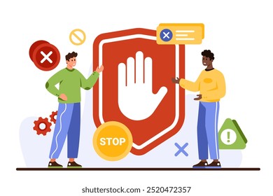 Stop sign, warning, danger or safety caution, information. Tiny people standing at forbidden entry or restricted area, ban or blocked road, alert attention of wrong way cartoon vector illustration