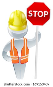 Stop sign workman wearing a yellow hard hat and high visibility jacket safety gear