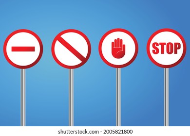 Stop signage in various icons. Vector illustration for road safety and warning informative guideline. Blue sky background.