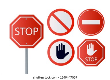 Stop signs collection in red and white, traffic sign to notify drivers and provide safe and orderly street operation. Vector flat style illustration isolated on white background.Vector illustration