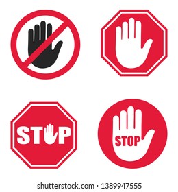 Stop signs collection in red and white, traffic sign to notify drivers and provide safe and orderly street operation. Vector flat style illustration isolated on white background.