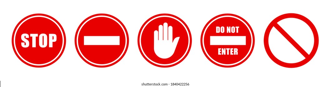 Stop signs collection. Red and white warning traffic signs boards isolated on white background. Flat style vector illustration.