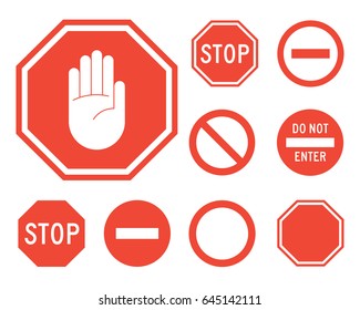 Stop signs collection in red and white, traffic sign to notify drivers and provide safe and orderly street operation. Vector flat style illustration isolated on white background