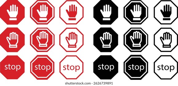 Stop signs with hand flat and outline icons set. No entry and trespassing symbols. Attention, warning, danger and safety concepts. Road sign vectors illustration isolated on transparent background.