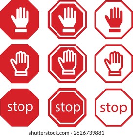 Stop signs with hand red flat and outline icons set. No entry and trespassing symbol. Attention, warning, danger and safety concept. Road sign vectors illustration isolated on transparent background.