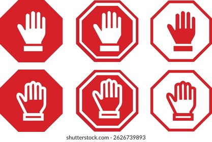 Stop signs with hand red flat and outline icons set. No entry and trespassing symbol. Attention, warning, danger and safety concept. Road sign vectors illustration isolated on transparent background.