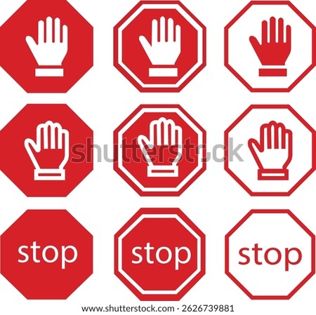 Stop signs with hand red flat and outline icons set. No entry and trespassing symbol. Attention, warning, danger and safety concept. Road sign vectors illustration isolated on transparent background.