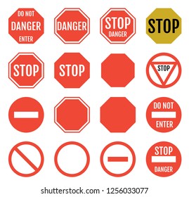 Stop signs in red, white and yellow, traffic sign to notify drivers and provide safe and orderly street and dor operation. Collection  of vector illustration. Flat style.