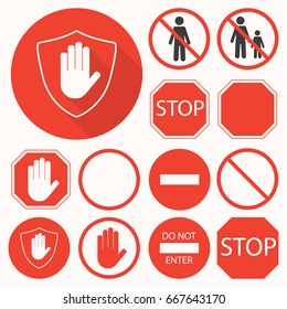 Stop signs set. Stop hand, octagon, circle, shield signs for prohibited activities. Vector